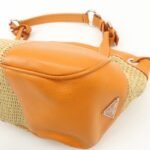 PRADA Triangle Logo Raffia Leather Shoulder Bag Beige Orange - 图片 13