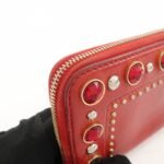 MIU MIU Leather Round Zipper Long Wallet Bijou Studs Red Used - 图片 14