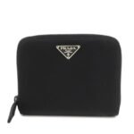 PRADA  Nylon Saffiano  Leather Bi-fold Round zippy Wallet Black Used
