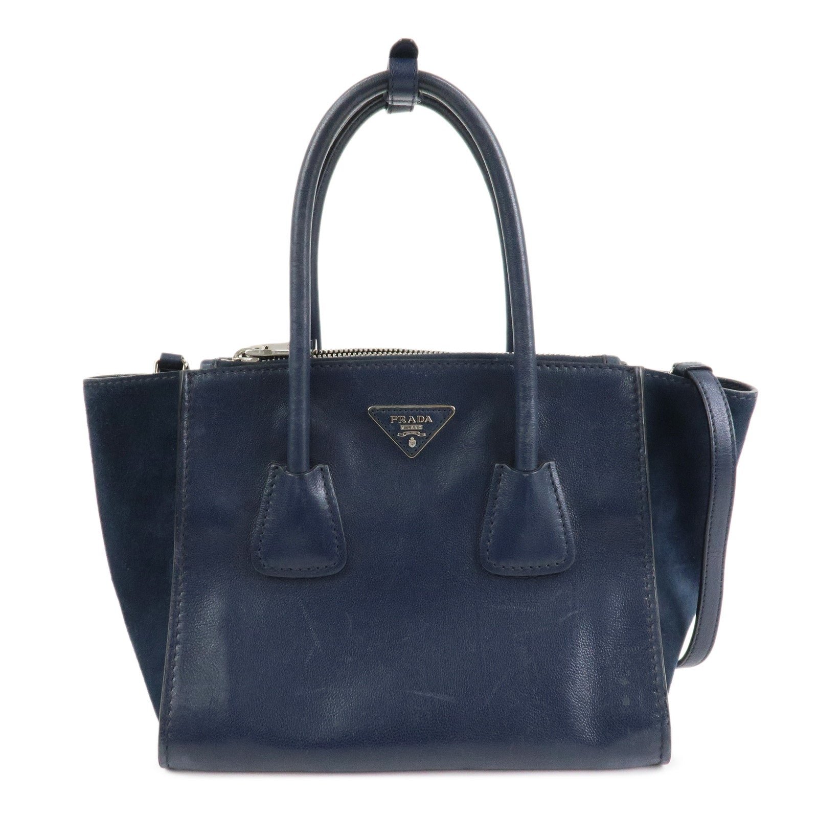 1gcrBBN3LGKgmpzauwF15Uw_dJPLYXvGU PRADA Triangle Logo Leather 2Way Bag Tote Bag Hand Bag Navy B2625M - 图片 1