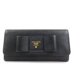 PRADA Saffiano Leather Flap Bi-Fold Long Wallet Black Gold 1MH132 Used